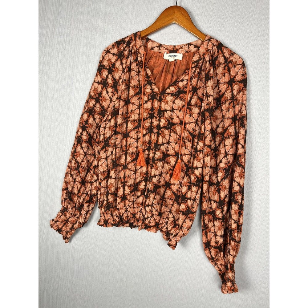 Anthro Porridge Peasant Blouse Women S Orange Smocked‎ Dark Boho Cottagecore